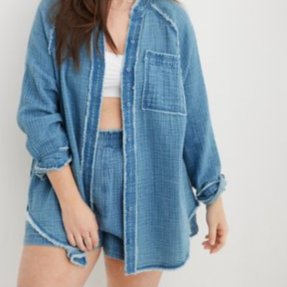 aerie Tops - Aerie Pool to Party Cover Up Shirt Blue Size S